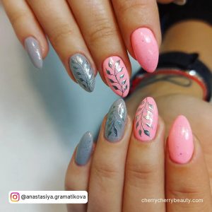 Grey And Pink Gel Nails With Stems And Leaves