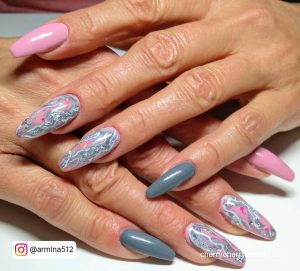 Grey And Pink Marble Nails In Coffin Shape