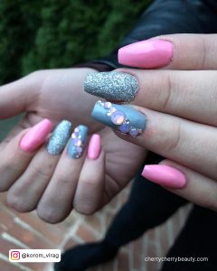 Grey And Pink Nail Art With Diamonds