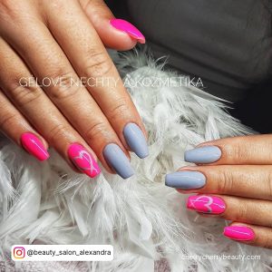 Grey Pink Acrylic Nails With Hearts