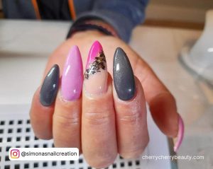 Grey Pink Nail Designs In Stilleto Shape