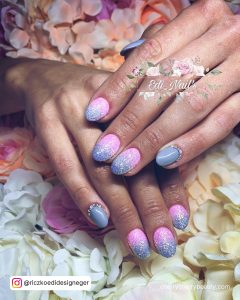 Grey Pink Ombre Nails With Glitter And Diamonds