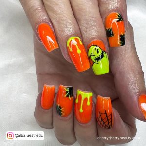 Halloween Acrylic Nails Coffin With Webs And Monsters