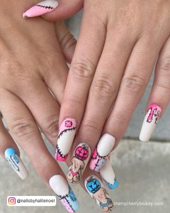 Halloween Acrylic Nails In Blue And Pink