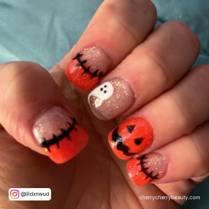 Halloween Acrylic Nails Short In Orange