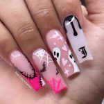 Halloween Acrylic Nails With Ghost And Stiches Design