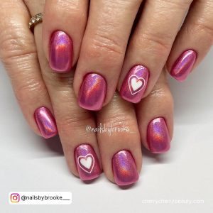 Holographic Pink Chrome Nails With White Hearts