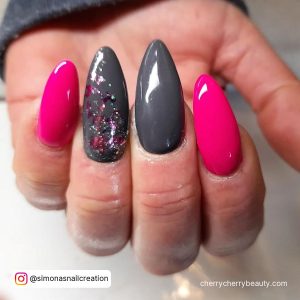 Hot Pink And Grey Nails In Almond Shape With Glitter