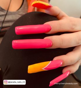 Hot Pink And Orange Nails With White Line