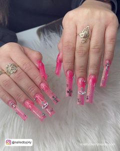 Hot Pink Coffin Nails With Glitter