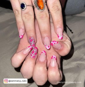 Hot Pink Cow Nails In French Tip Design