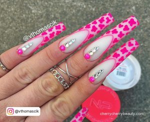 Hot Pink Cow Nails With Diamonds