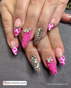 Hot Pink Cow Nails With Diamonds And Butterflies