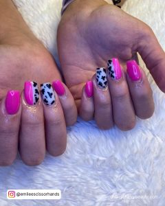 Hot Pink Cow Nails Wth Black Spots