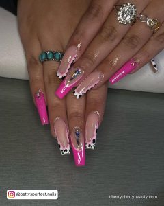 Hot Pink Cow Print Nails With Rhinestones