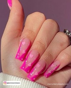 Hot Pink Heart Nails In French Tip Design