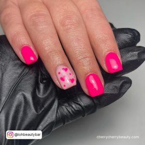 Hot Pink Heart Nails In Square Shape