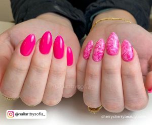 Hot Pink Marble Nails In Almond Shape