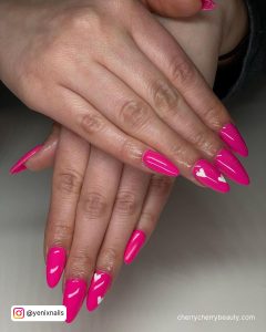 Hot Pink Nails With Hearts In White