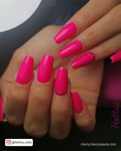 Hot Pink Square Acrylic Nails With Diamonds