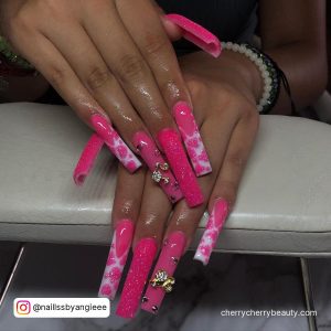 Hot Pink Square Nails With Embellishments