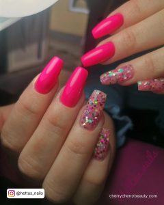 Hot Pink Square Nails With Glitter