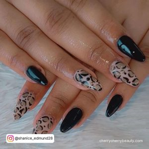 Leopard Print Acrylic Nails Almond Shape Over White Fur