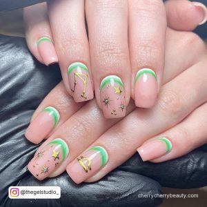 Libra Birthday Nails With Green And White Lines