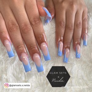 Light Blue French Tip Acrylic Nails On White Fur