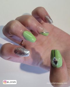 Light Green And Silver Nails With Rhinestones
