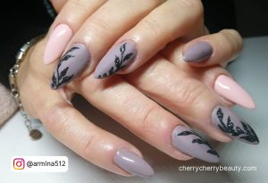 Light Pink And Grey Nails With Black Leaves