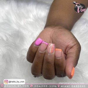 Light Pink And Orange Nails In Coffin Shape