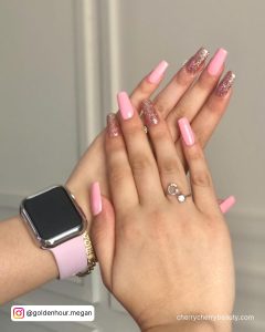 Light Pink Nails Square With Glitter On Two Fingers