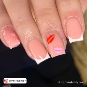 Light Pink Nails With Hearts And Red Lips