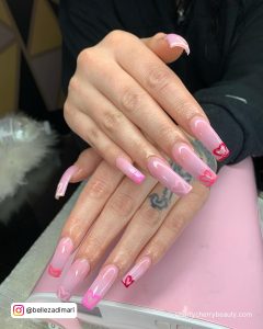 Light Pink Nails With Small Red Heart For Extra Long Length