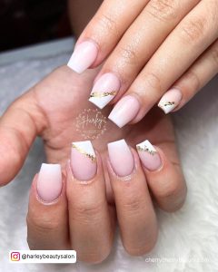 Light Pink Ombre Acrylic Nails With Golden Lines