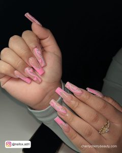 Light Pink With Heart Nails And Diamonds