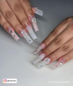 Long Baddie Square Acrylic Nails With Gems