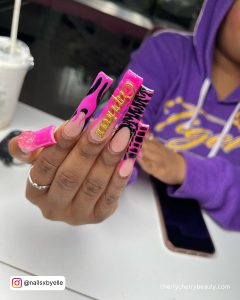 Long Birthday Nail Ideas In Black And Pink