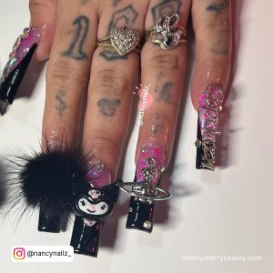 Long Birthday Nail Ideas In Black And Pink
