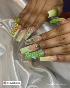 Long Birthday Nail Ideas In Green With Butterflies