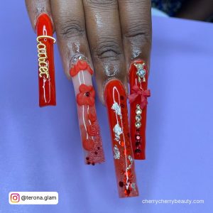 Long Birthday Nail Ideas In Red With Flowers