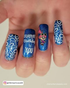 Long Birthday Nails In Blue And White