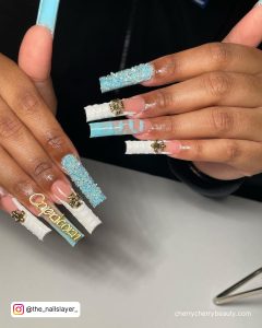 Long Birthday Nails With Blue And White Tips
