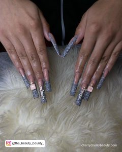 Long Coffin Birthday Nails In Grey With Glitter