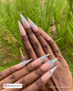 Long Coffin Birthday Nails In Stiletto Shape With Diamonds