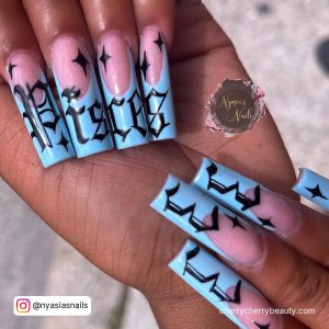 Long Coffin Birthday Nails With Blue Tips And Black Design
