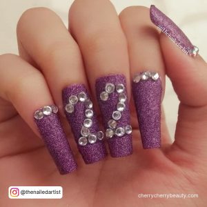 Long Coffin Birthday Nails With Diamonds