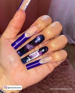 Long Coffin Birthday Nails With Galaxy Design