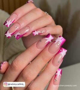 Long Pink Chrome Nails With Stars And Diamonds